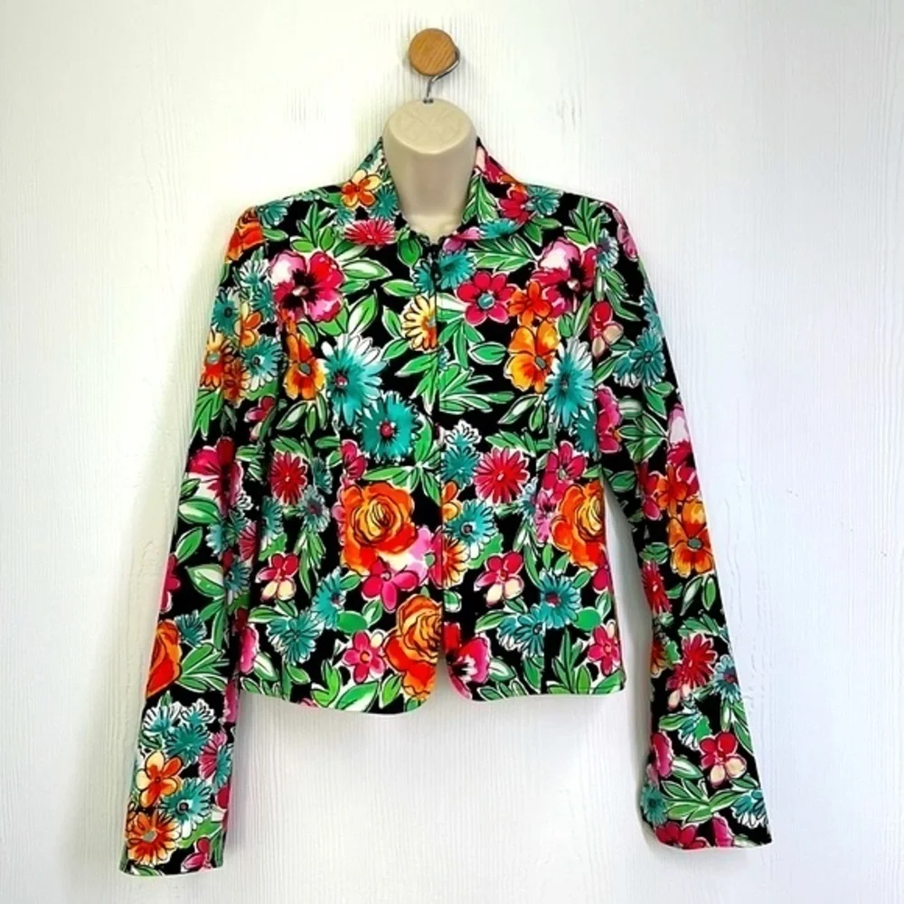 Anthracite - Bright Bold Floral Zip Up Shoulder Pad Blazer Size 4